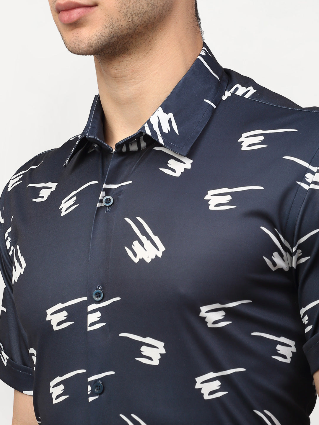 Jainish Navy Blue Men's Printed Lycra Half Sleevess Formal Shirts ( SF 778Navy ) 