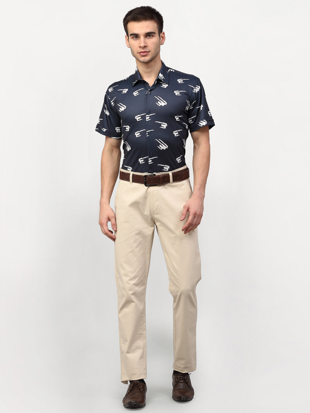 Jainish Navy Blue Men's Printed Lycra Half Sleevess Formal Shirts ( SF 778Navy ) 