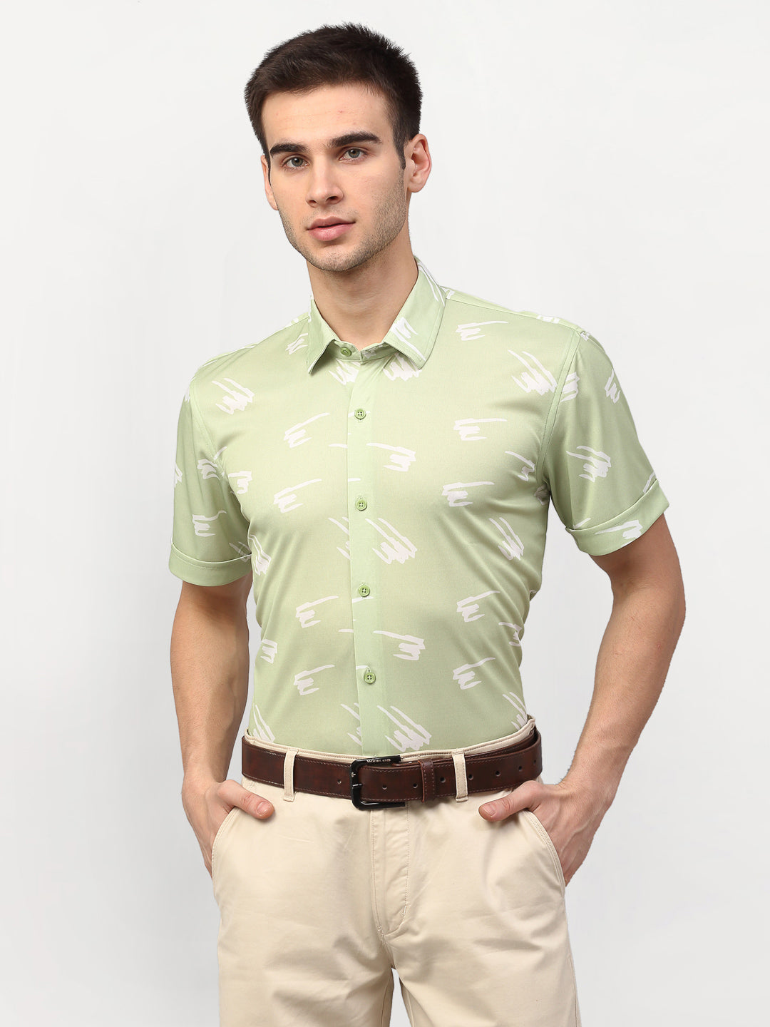 Jainish Green Men's Printed Lycra Half Sleevess Formal Shirts ( SF 778Pista ) 