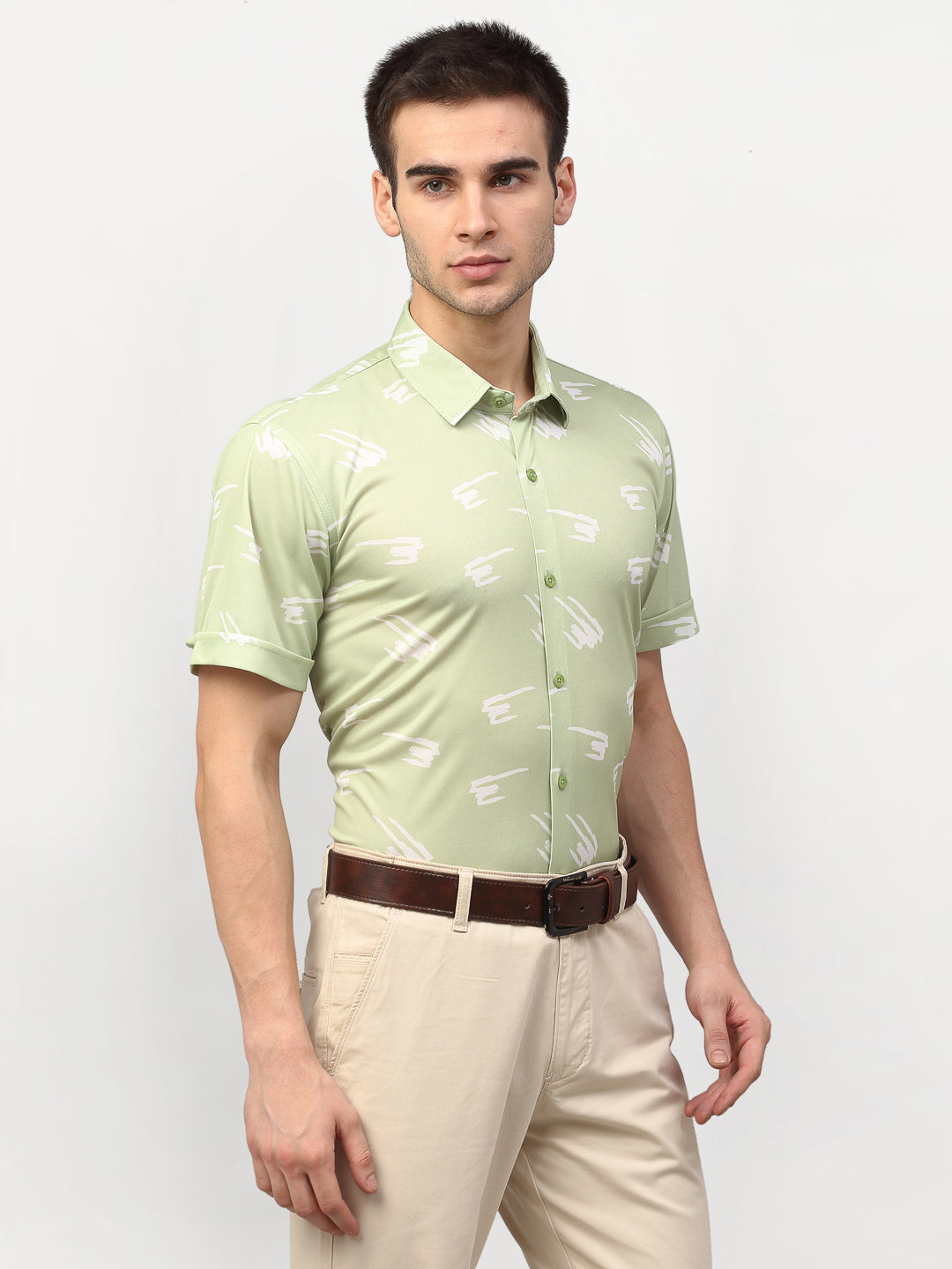 Jainish Green Men's Printed Lycra Half Sleevess Formal Shirts ( SF 778Pista ) 