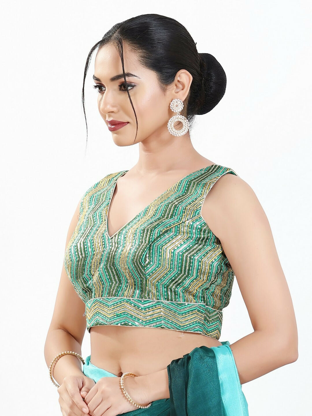 Joban Fashion Green Multi Silk Padded Blouse With V Neck Sleeveless