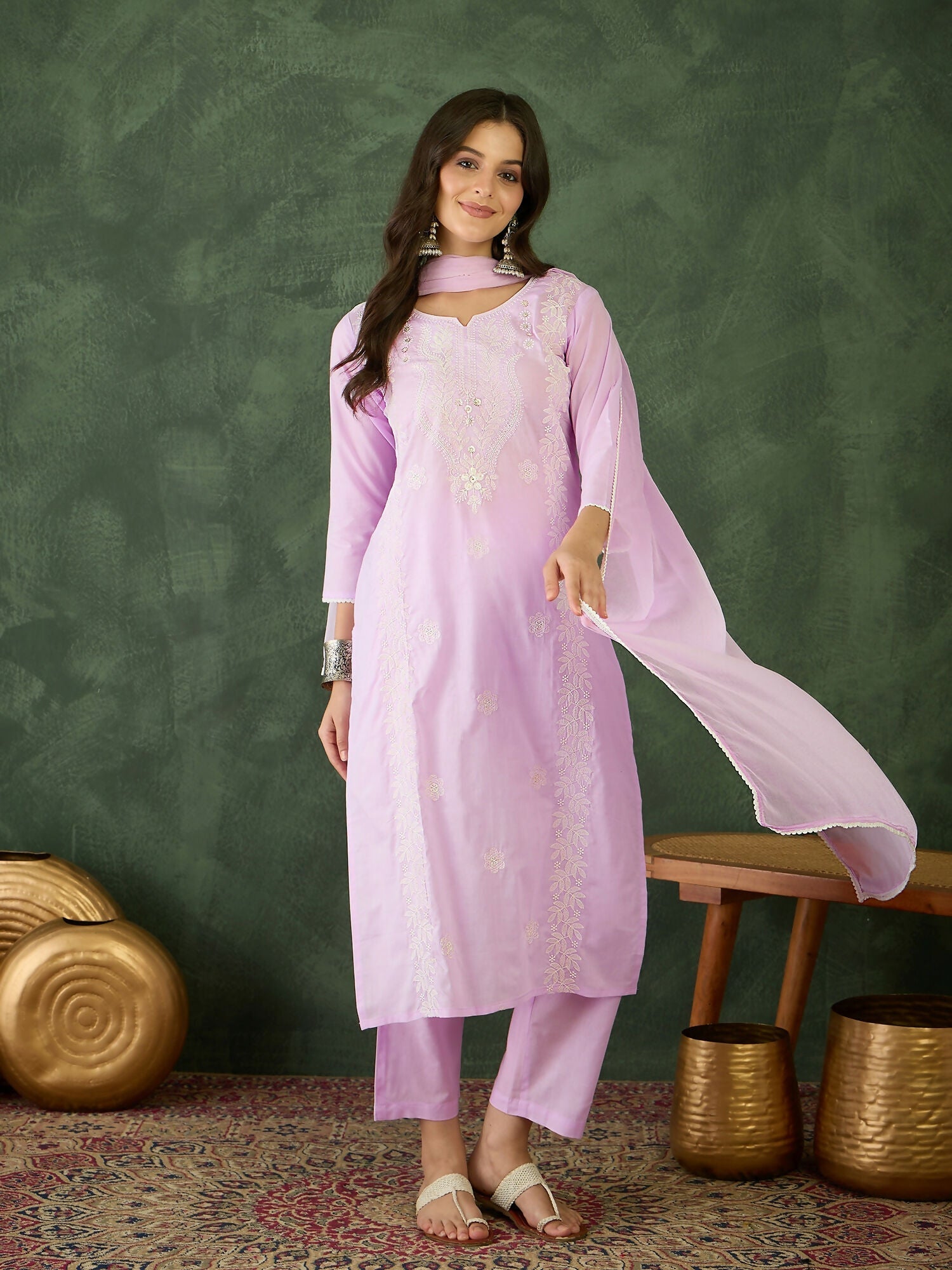 The52 Purple Women's Gorgeous Cotton Blend Fabric Thread Work Straight Kurta, Pant and Dupatta Set | Grab2Buy