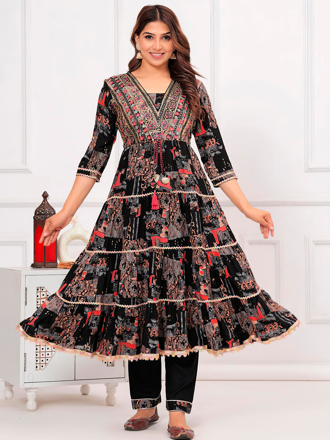 Embroidered & Printed Kurta With Pant & Dupatta Luxury Premium, Black - Hiral Fashion