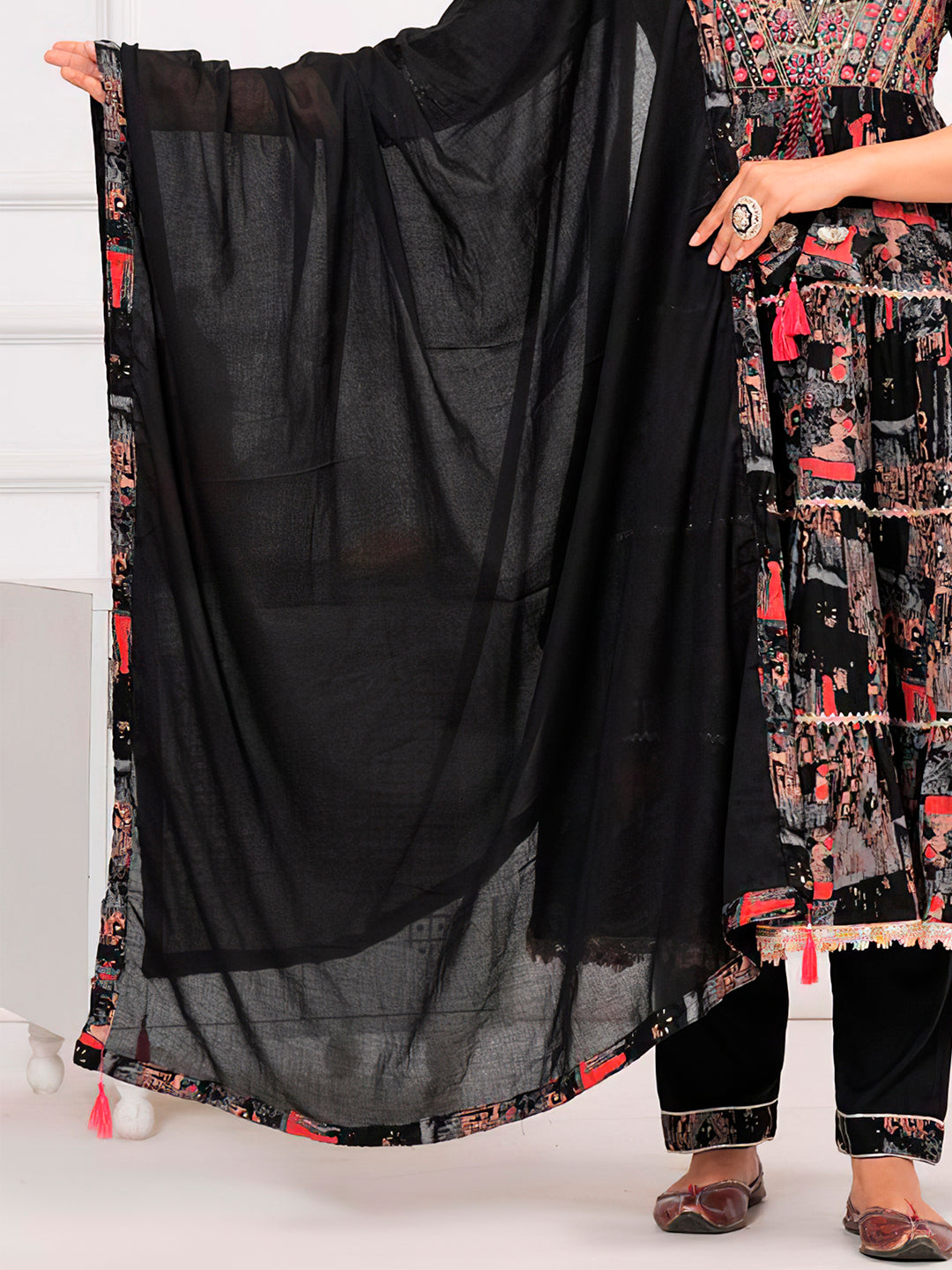 Embroidered & Printed Kurta With Pant & Dupatta Luxury Premium, Black - Hiral Fashion