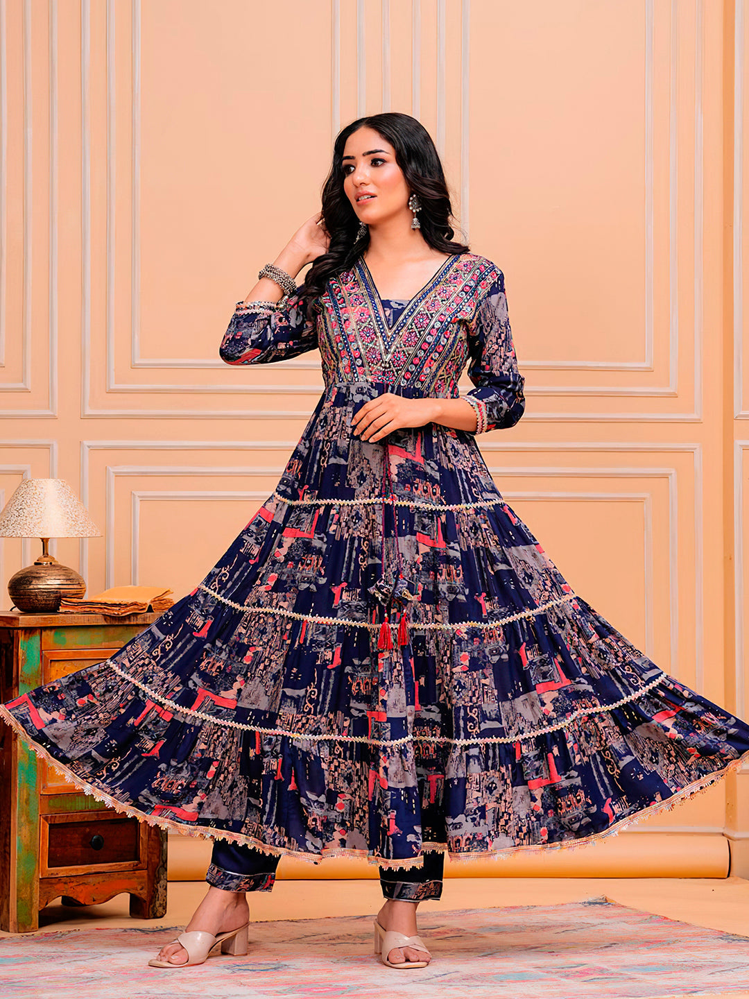 Embroidered & Printed Kurta With Pant & Dupatta Luxury Premium, Navy Blue - Hiral Fashion