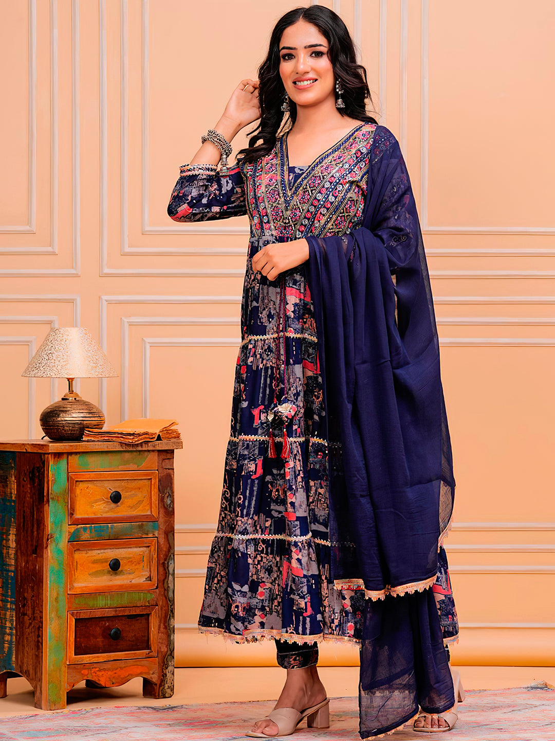 Embroidered & Printed Kurta With Pant & Dupatta Luxury Premium, Navy Blue - Hiral Fashion