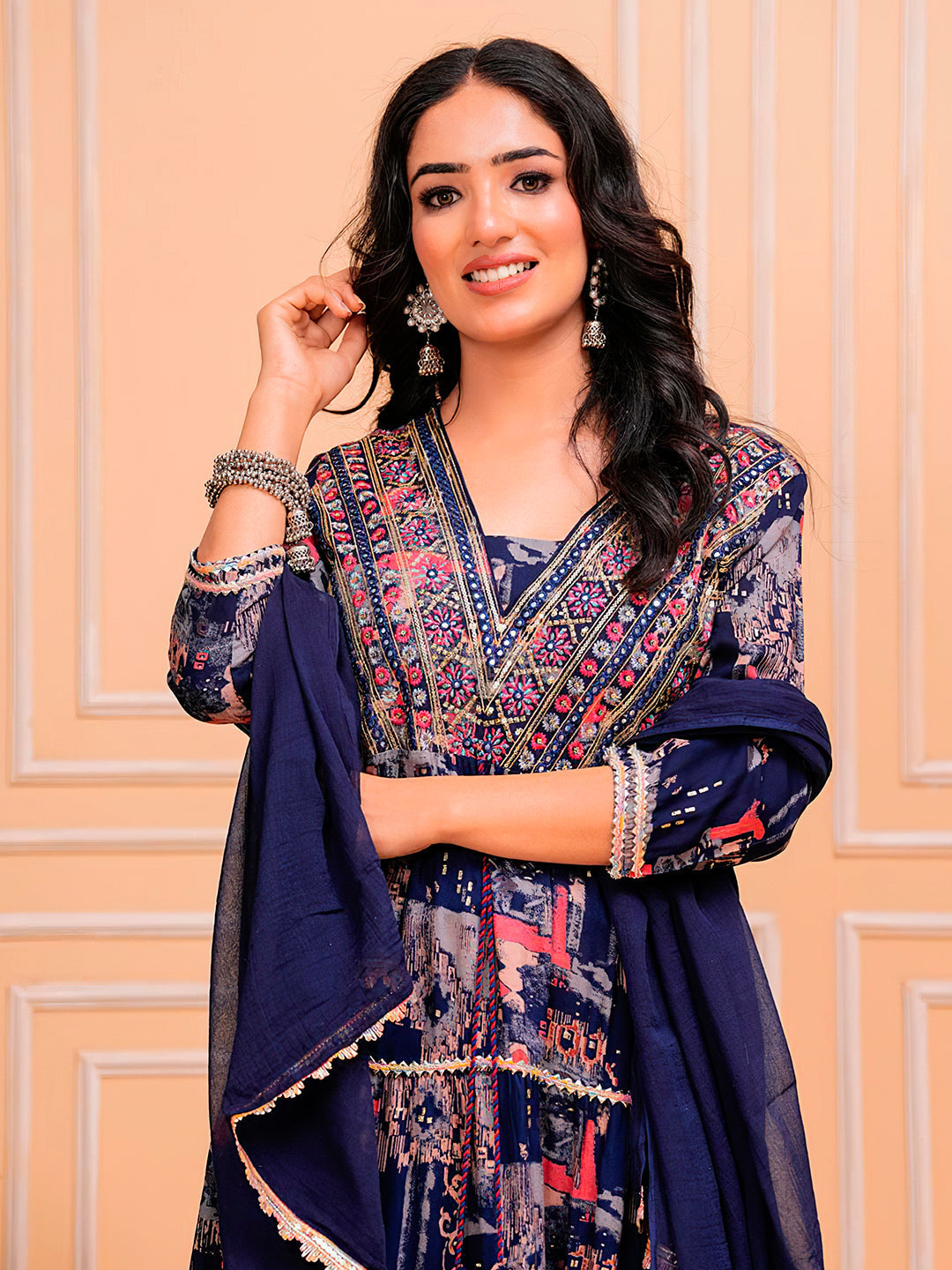 Embroidered & Printed Kurta With Pant & Dupatta Luxury Premium, Navy Blue - Hiral Fashion