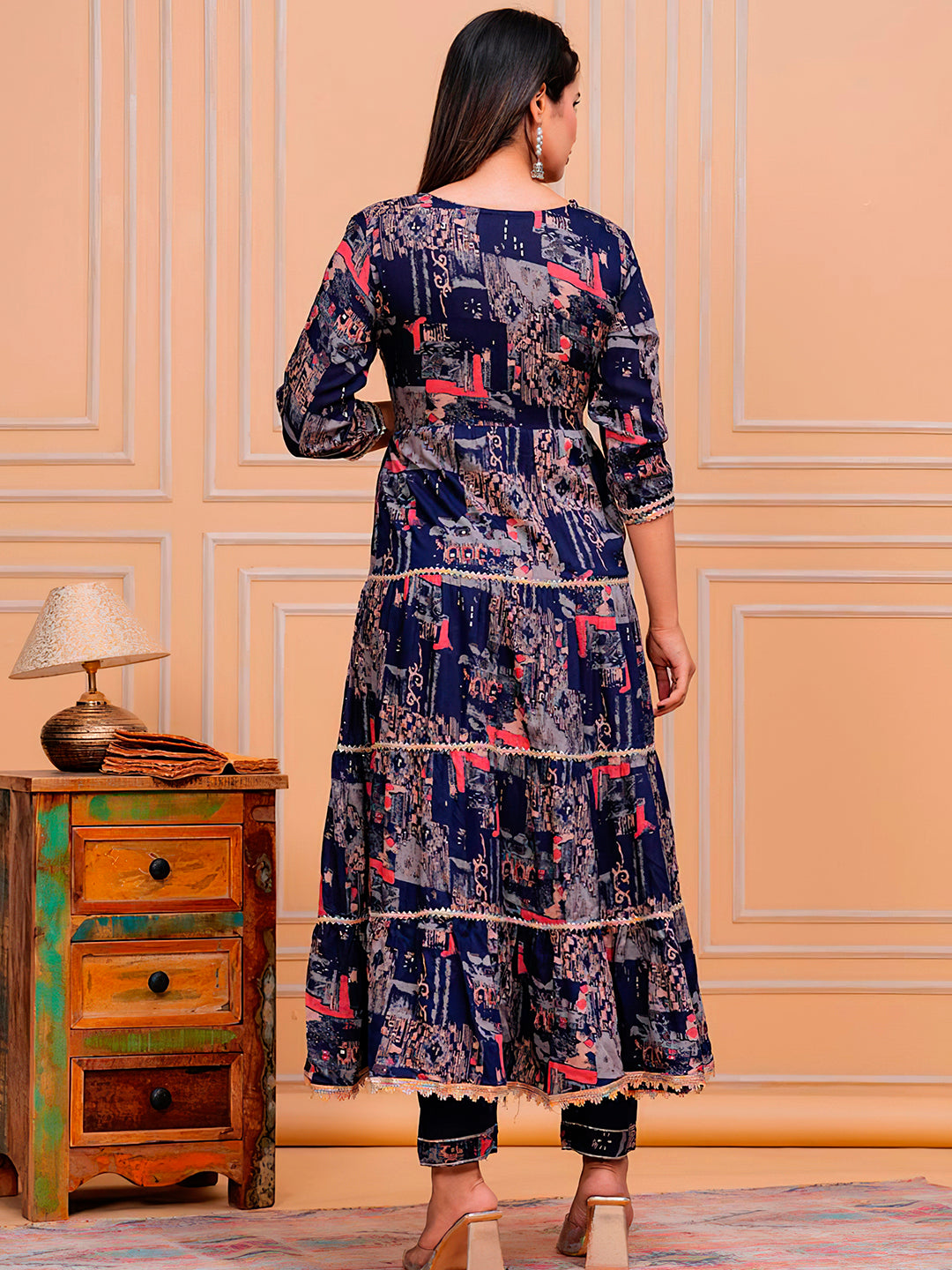 Embroidered & Printed Kurta With Pant & Dupatta Luxury Premium, Navy Blue - Hiral Fashion