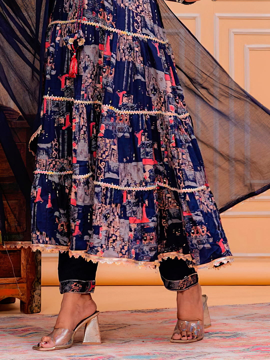 Embroidered & Printed Kurta With Pant & Dupatta Luxury Premium, Navy Blue - Hiral Fashion