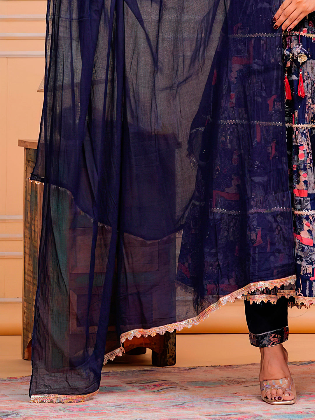 Embroidered & Printed Kurta With Pant & Dupatta Luxury Premium, Navy Blue - Hiral Fashion