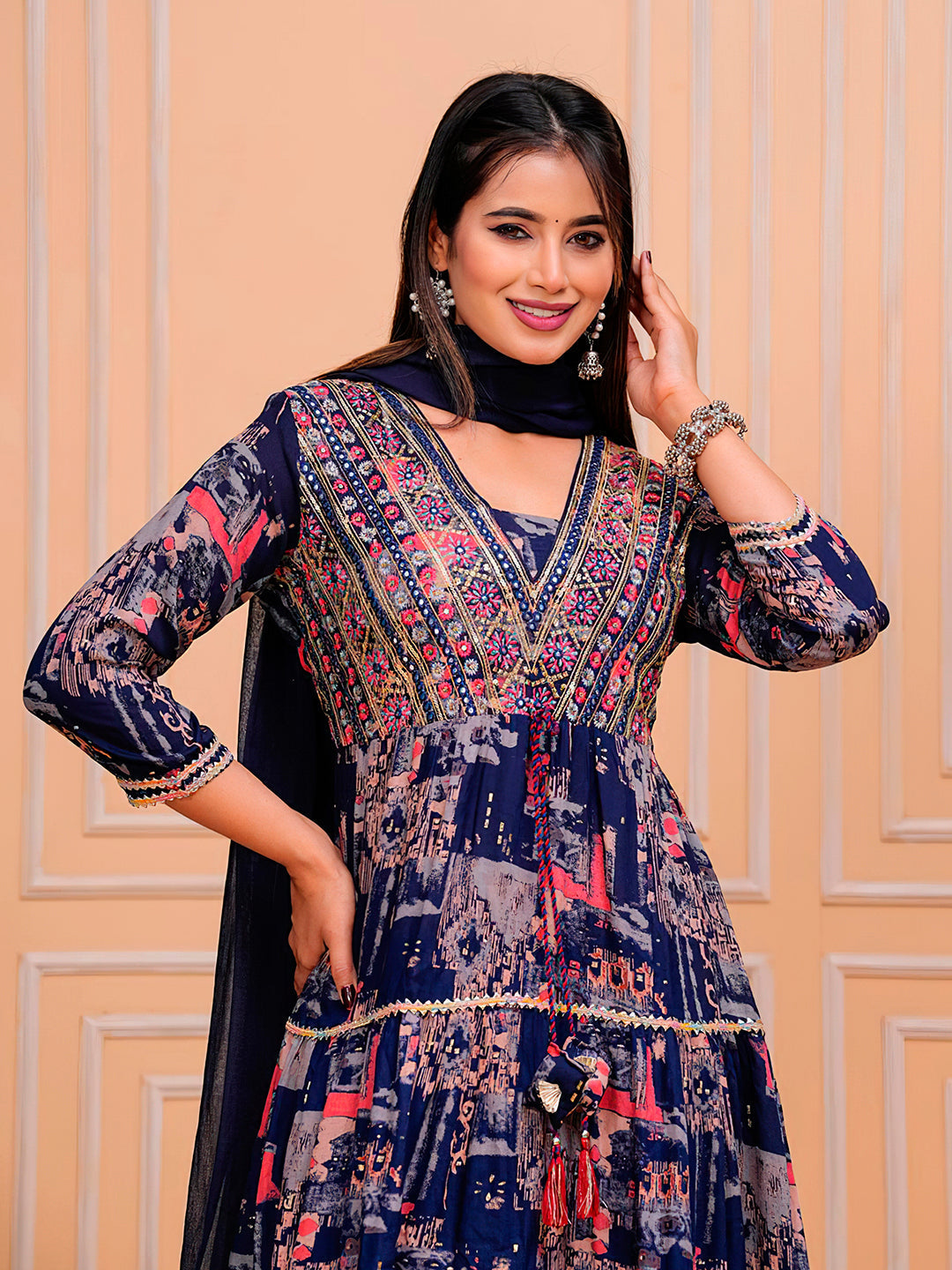 Embroidered & Printed Kurta With Pant & Dupatta Luxury Premium, Navy Blue - Hiral Fashion