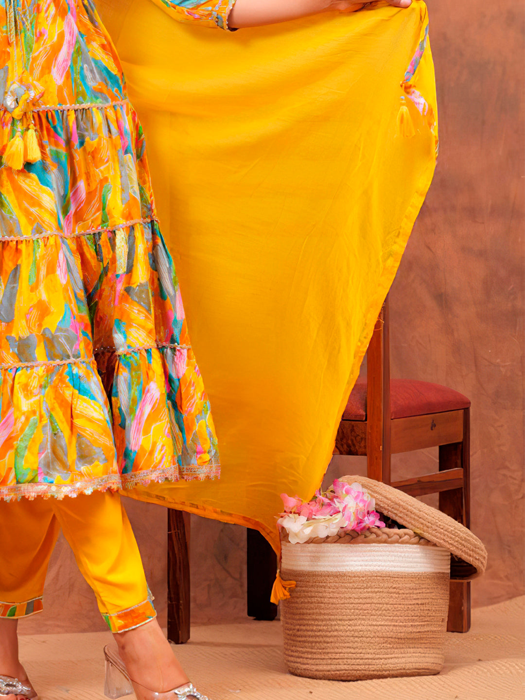 Embroidered & Printed Multicoloured Flared Kurta With Pant & Dupatta Luxury Premium, Yellow - Hiral Fashion