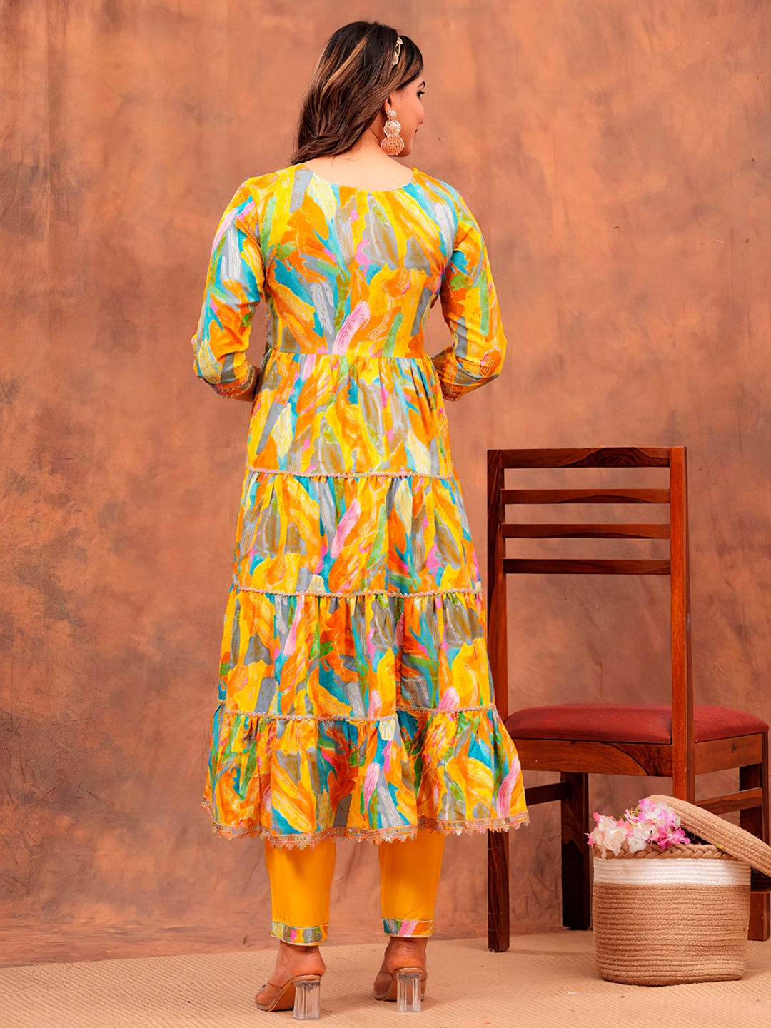 Embroidered & Printed Multicoloured Flared Kurta With Pant & Dupatta Luxury Premium, Yellow - Hiral Fashion