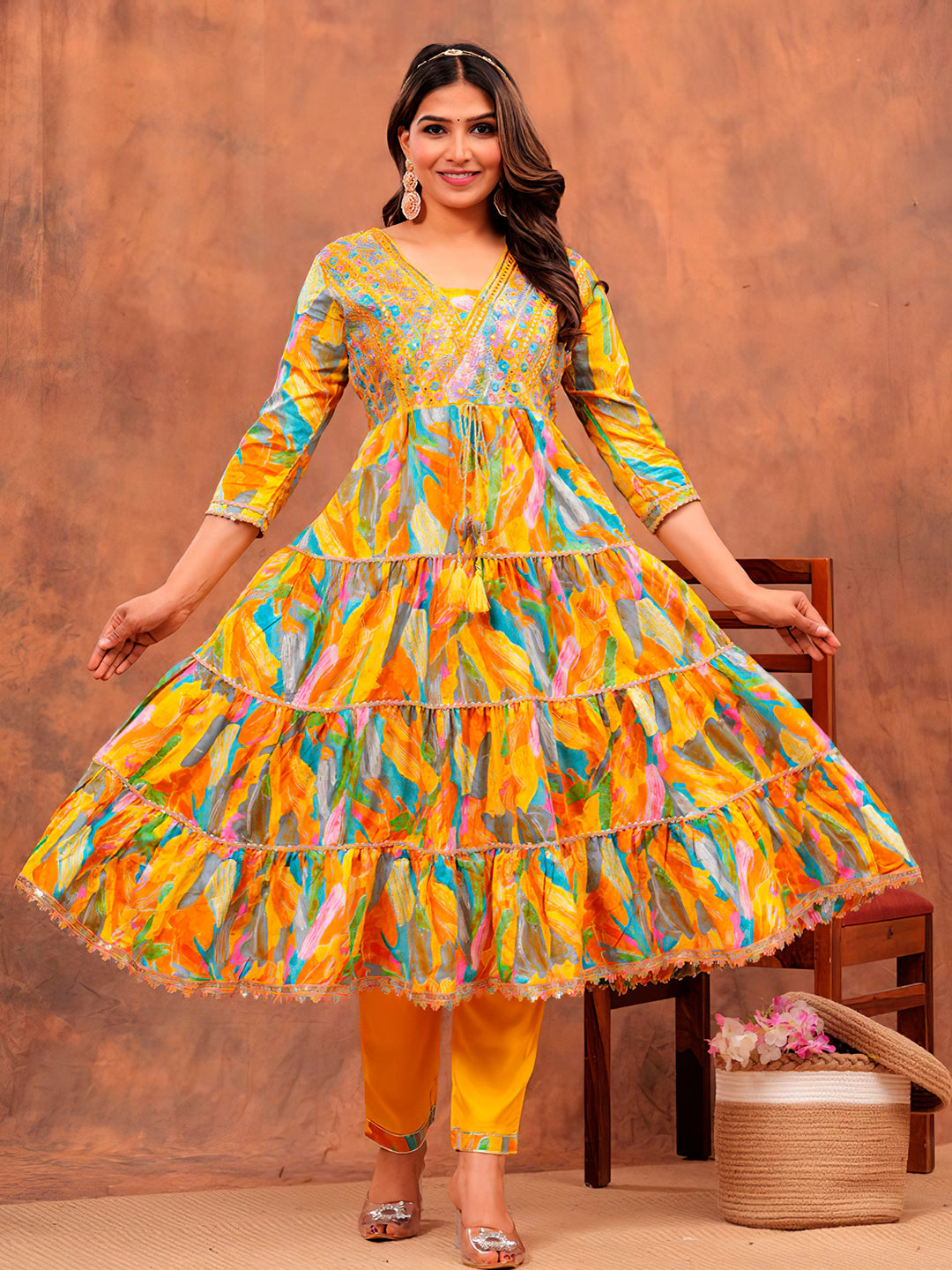 Embroidered & Printed Multicoloured Flared Kurta With Pant & Dupatta Luxury Premium, Yellow - Hiral Fashion