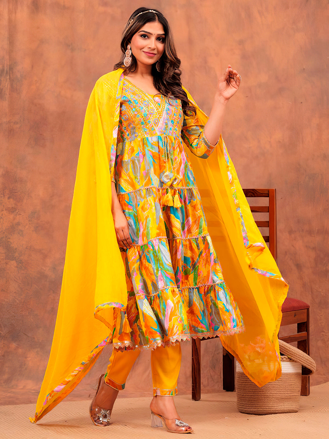 Embroidered & Printed Multicoloured Flared Kurta With Pant & Dupatta Luxury Premium, Yellow - Hiral Fashion