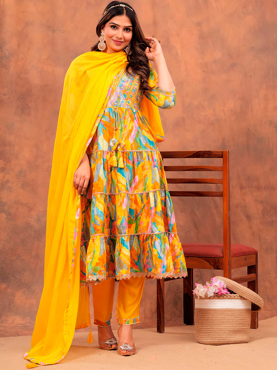 Embroidered & Printed Multicoloured Flared Kurta With Pant & Dupatta Luxury Premium, Yellow - Hiral Fashion