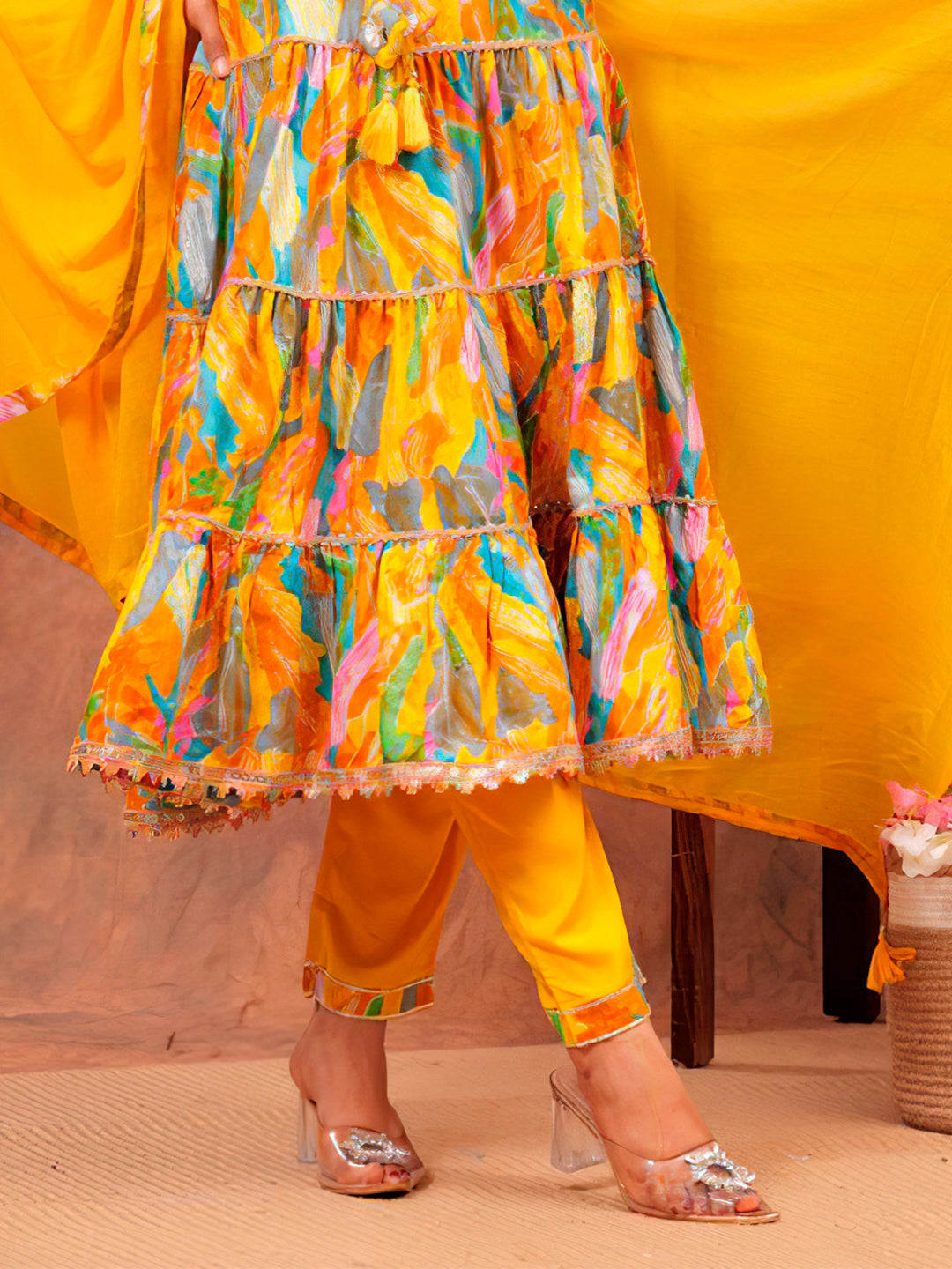 Embroidered & Printed Multicoloured Flared Kurta With Pant & Dupatta Luxury Premium, Yellow - Hiral Fashion