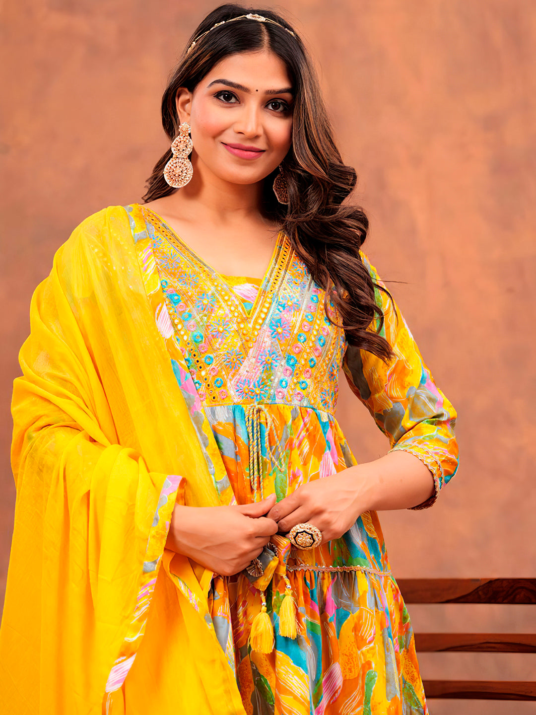 Embroidered & Printed Multicoloured Flared Kurta With Pant & Dupatta Luxury Premium, Yellow - Hiral Fashion