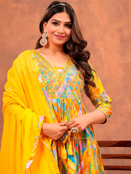 Embroidered & Printed Multicoloured Flared Kurta With Pant & Dupatta Luxury Premium, Yellow - Hiral Fashion