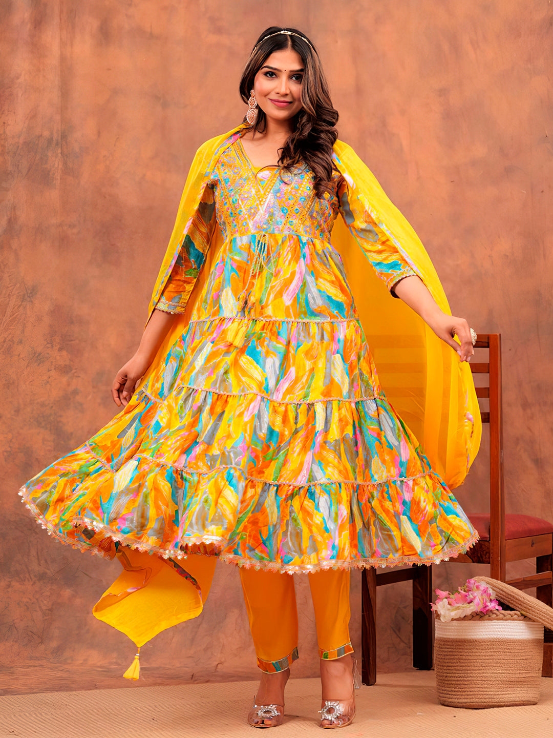 Embroidered & Printed Multicoloured Flared Kurta With Pant & Dupatta Luxury Premium, Yellow - Hiral Fashion