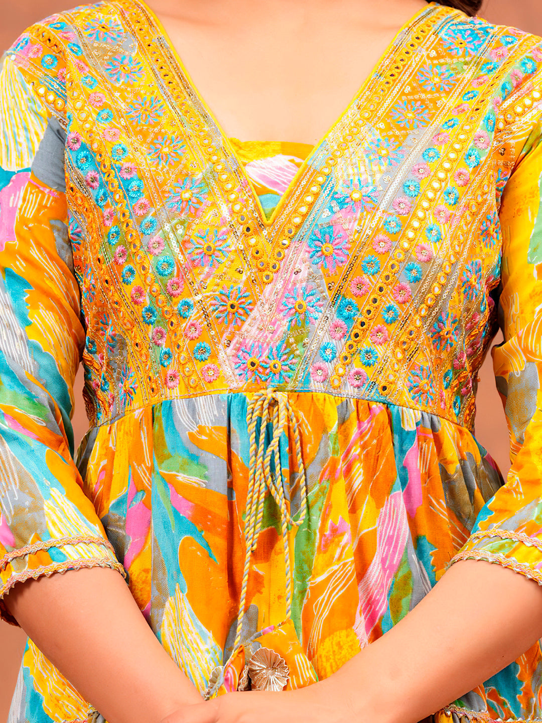 Embroidered & Printed Multicoloured Flared Kurta With Pant & Dupatta Luxury Premium, Yellow - Hiral Fashion