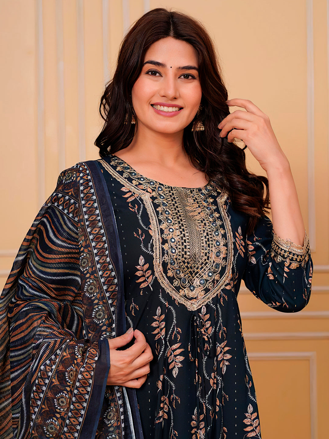 Embroidered & Leaf Printed Flared Kurta With Pant & Dupatta Luxury Premium, Navy Blue - Hiral Fashion