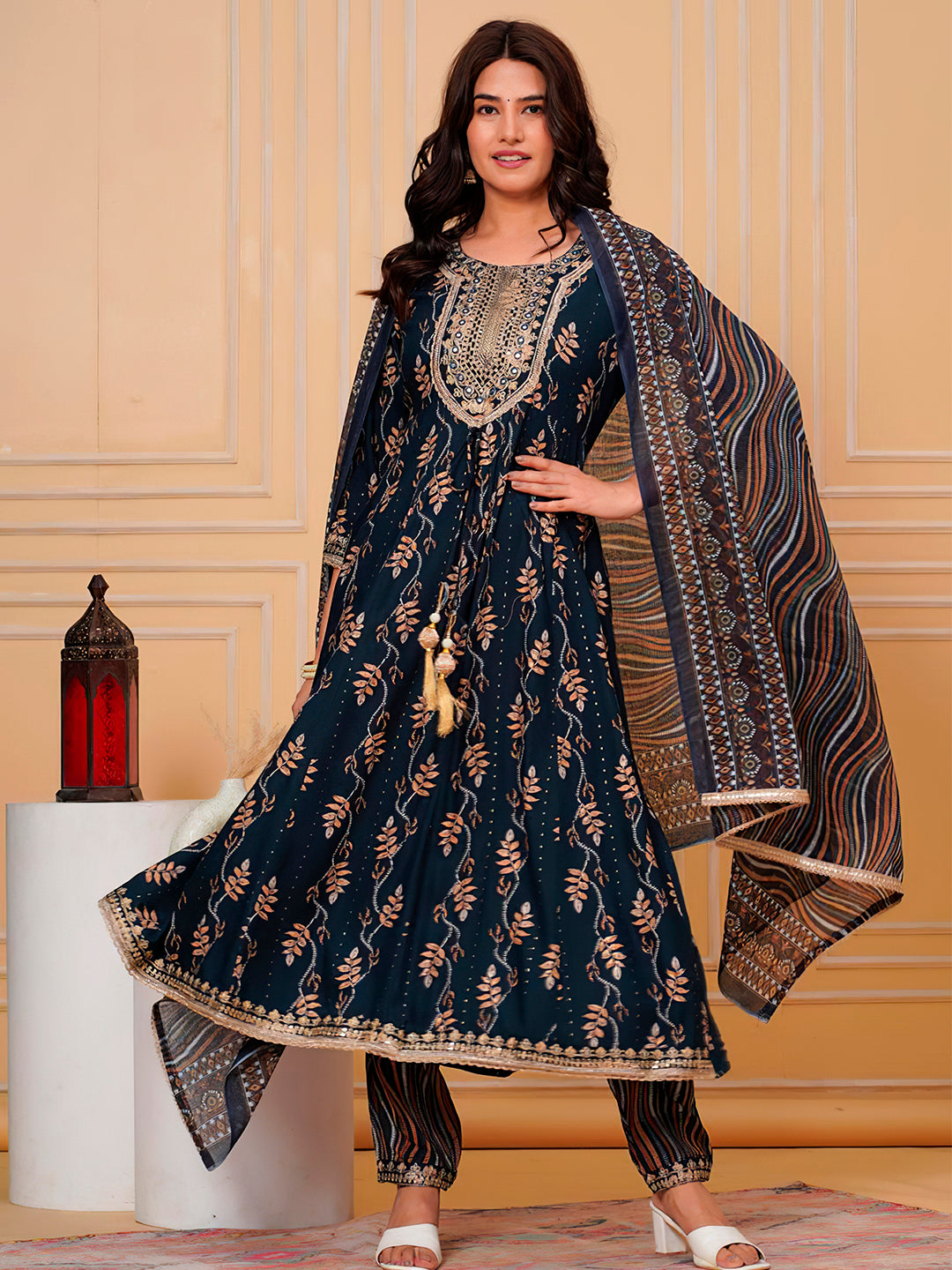 Embroidered & Leaf Printed Flared Kurta With Pant & Dupatta Luxury Premium, Navy Blue - Hiral Fashion