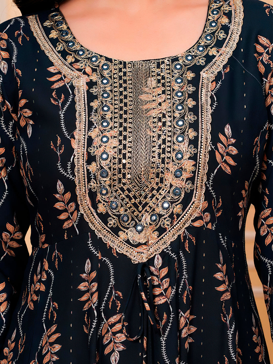 Embroidered & Leaf Printed Flared Kurta With Pant & Dupatta Luxury Premium, Navy Blue - Hiral Fashion