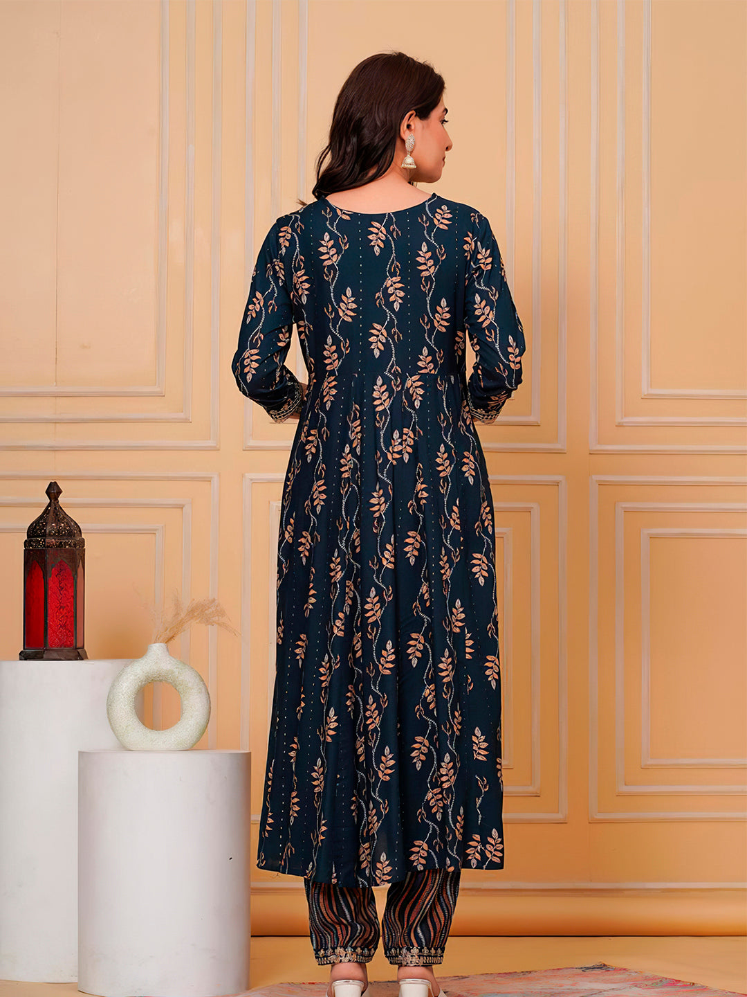 Embroidered & Leaf Printed Flared Kurta With Pant & Dupatta Luxury Premium, Navy Blue - Hiral Fashion