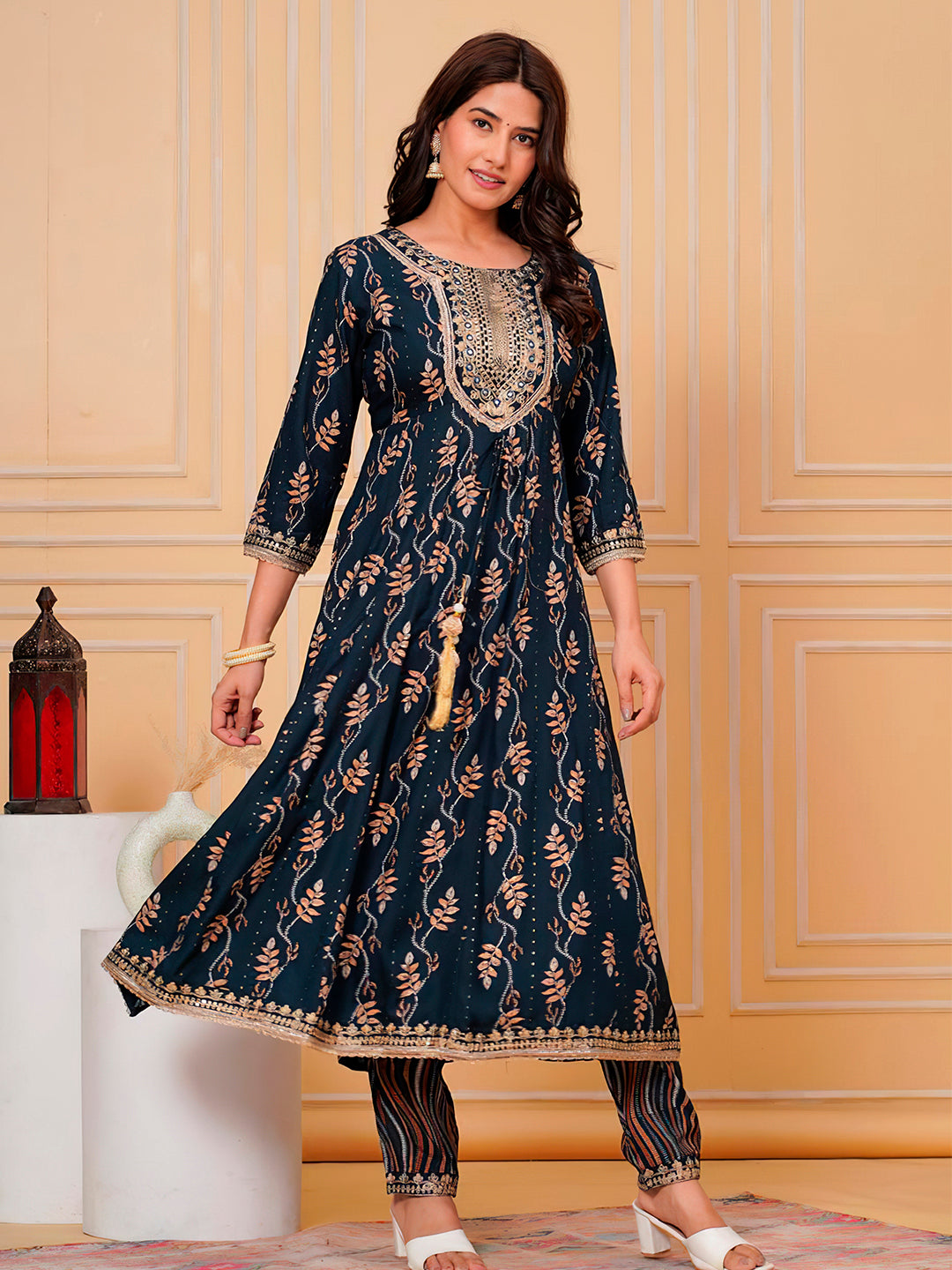 Embroidered & Leaf Printed Flared Kurta With Pant & Dupatta Luxury Premium, Navy Blue - Hiral Fashion