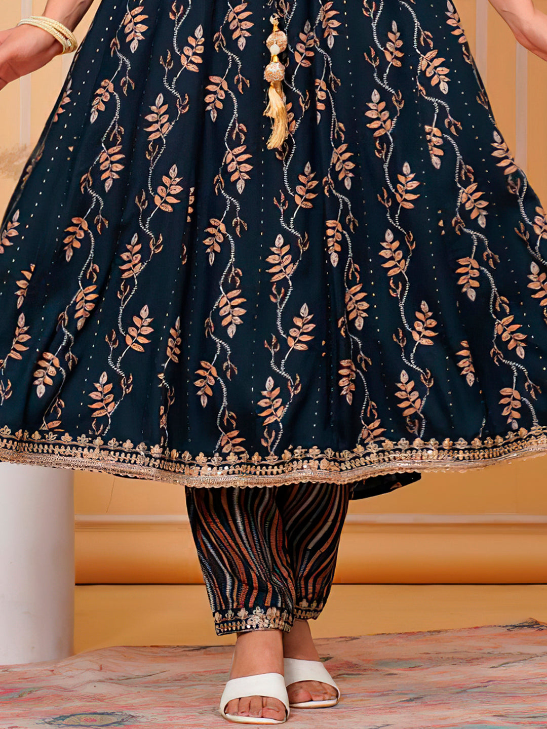 Embroidered & Leaf Printed Flared Kurta With Pant & Dupatta Luxury Premium, Navy Blue - Hiral Fashion