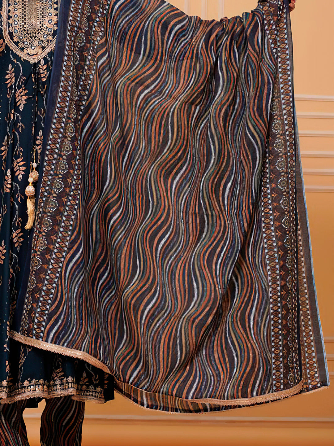 Embroidered & Leaf Printed Flared Kurta With Pant & Dupatta Luxury Premium, Navy Blue - Hiral Fashion