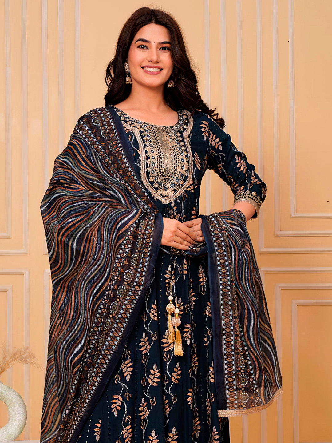 Embroidered & Leaf Printed Flared Kurta With Pant & Dupatta Luxury Premium, Navy Blue - Hiral Fashion