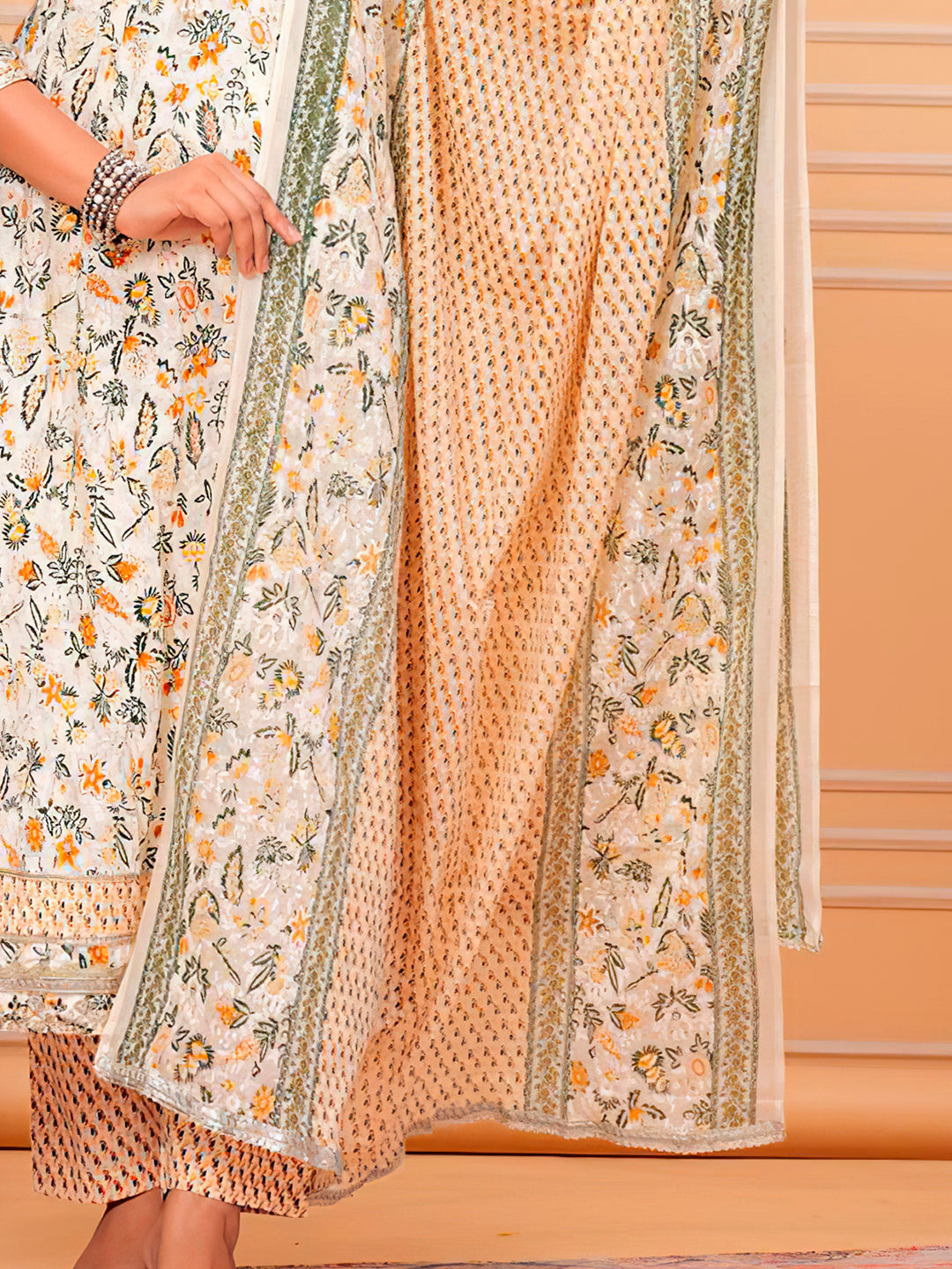 Embroidered & Botanical Printed Flared Kurta With Pant & Dupatta Luxury Premium, Yellow - Hiral Fashion