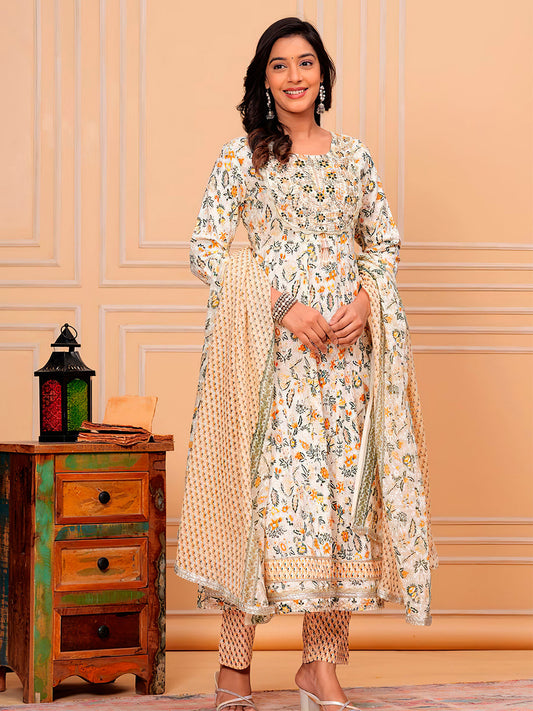 Embroidered & Botanical Printed Flared Kurta With Pant & Dupatta Luxury Premium, Yellow - Hiral Fashion