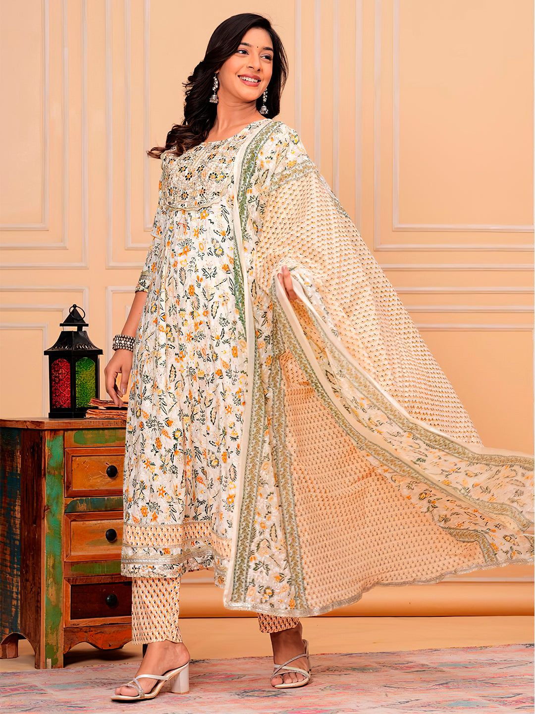 Embroidered & Botanical Printed Flared Kurta With Pant & Dupatta Luxury Premium, Yellow - Hiral Fashion