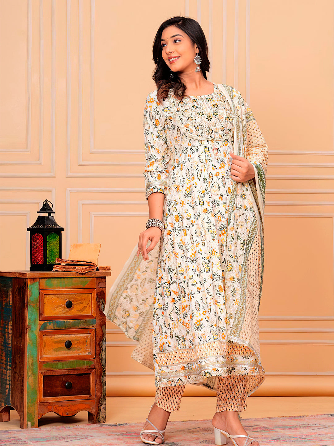 Embroidered & Botanical Printed Flared Kurta With Pant & Dupatta Luxury Premium, Yellow - Hiral Fashion