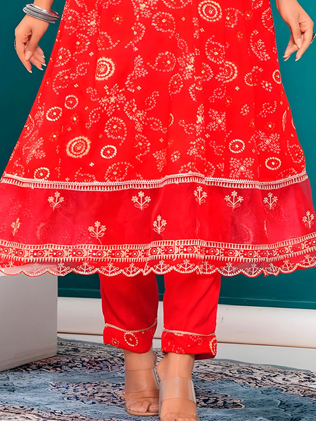Embroidered & Bandhani Printed Kurta With Pant & Dupatta, Red - Hiral Fashion
