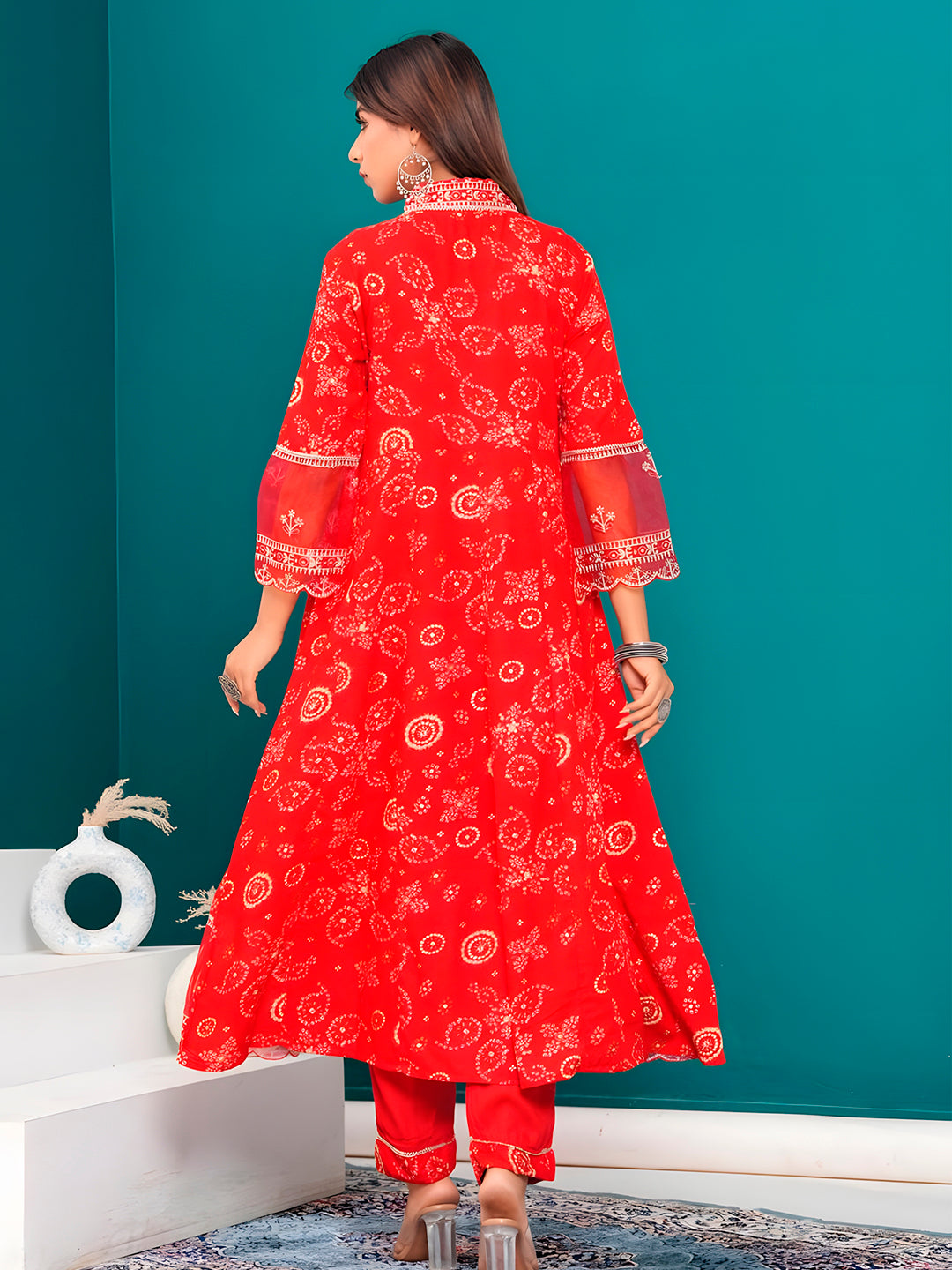 Embroidered & Bandhani Printed Kurta With Pant & Dupatta, Red - Hiral Fashion