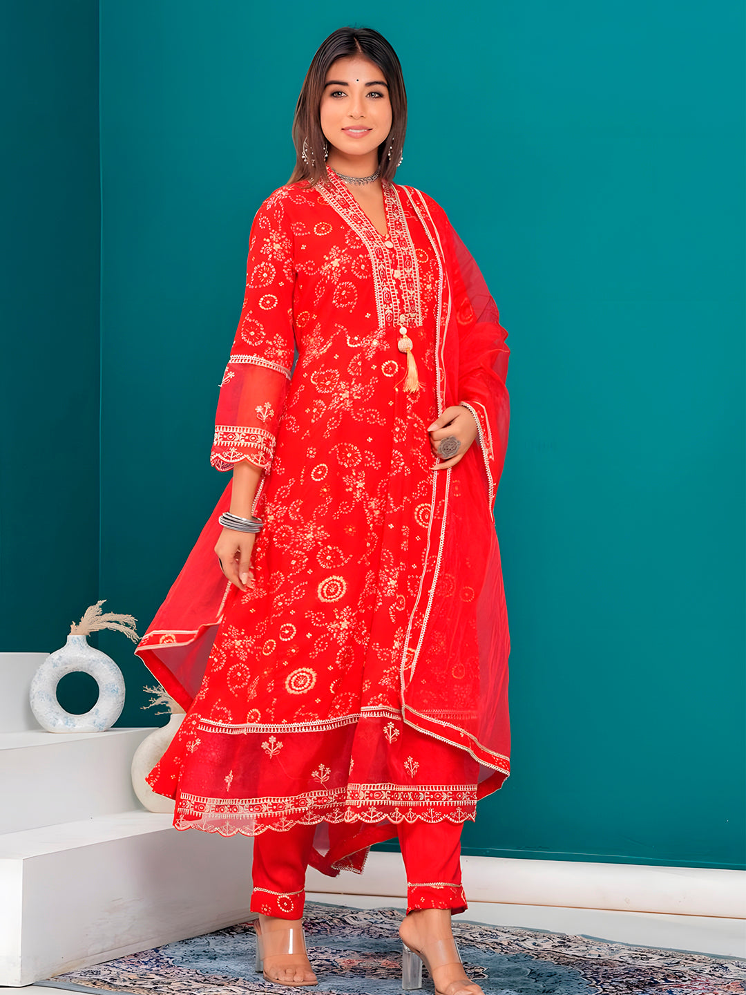 Embroidered & Bandhani Printed Kurta With Pant & Dupatta, Red - Hiral Fashion