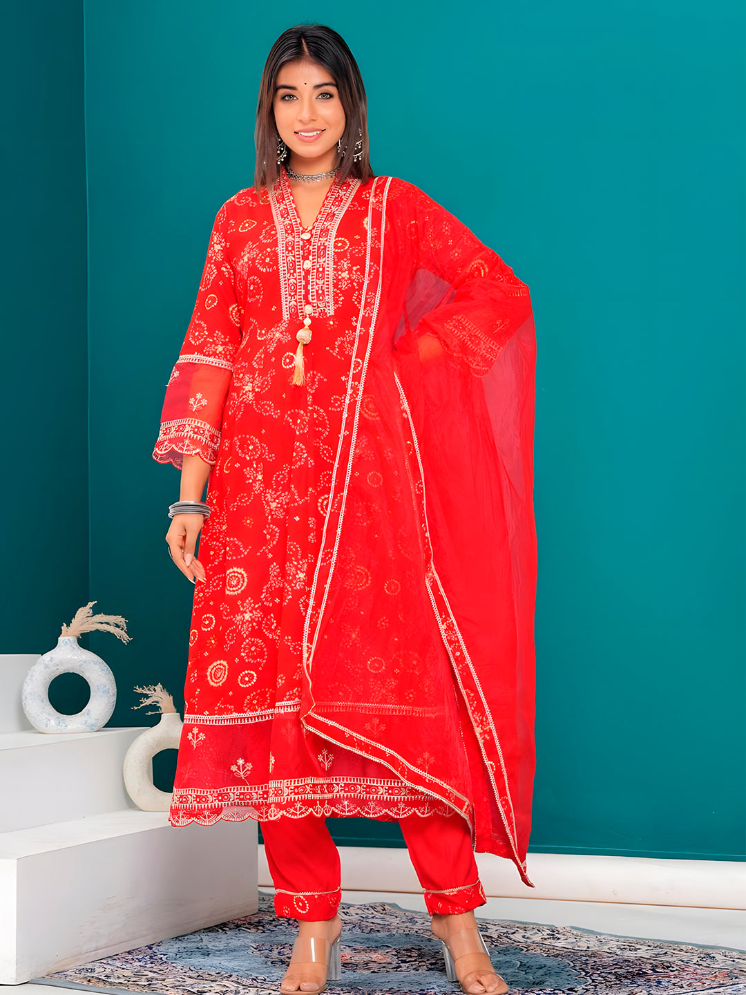 Embroidered & Bandhani Printed Kurta With Pant & Dupatta, Red - Hiral Fashion