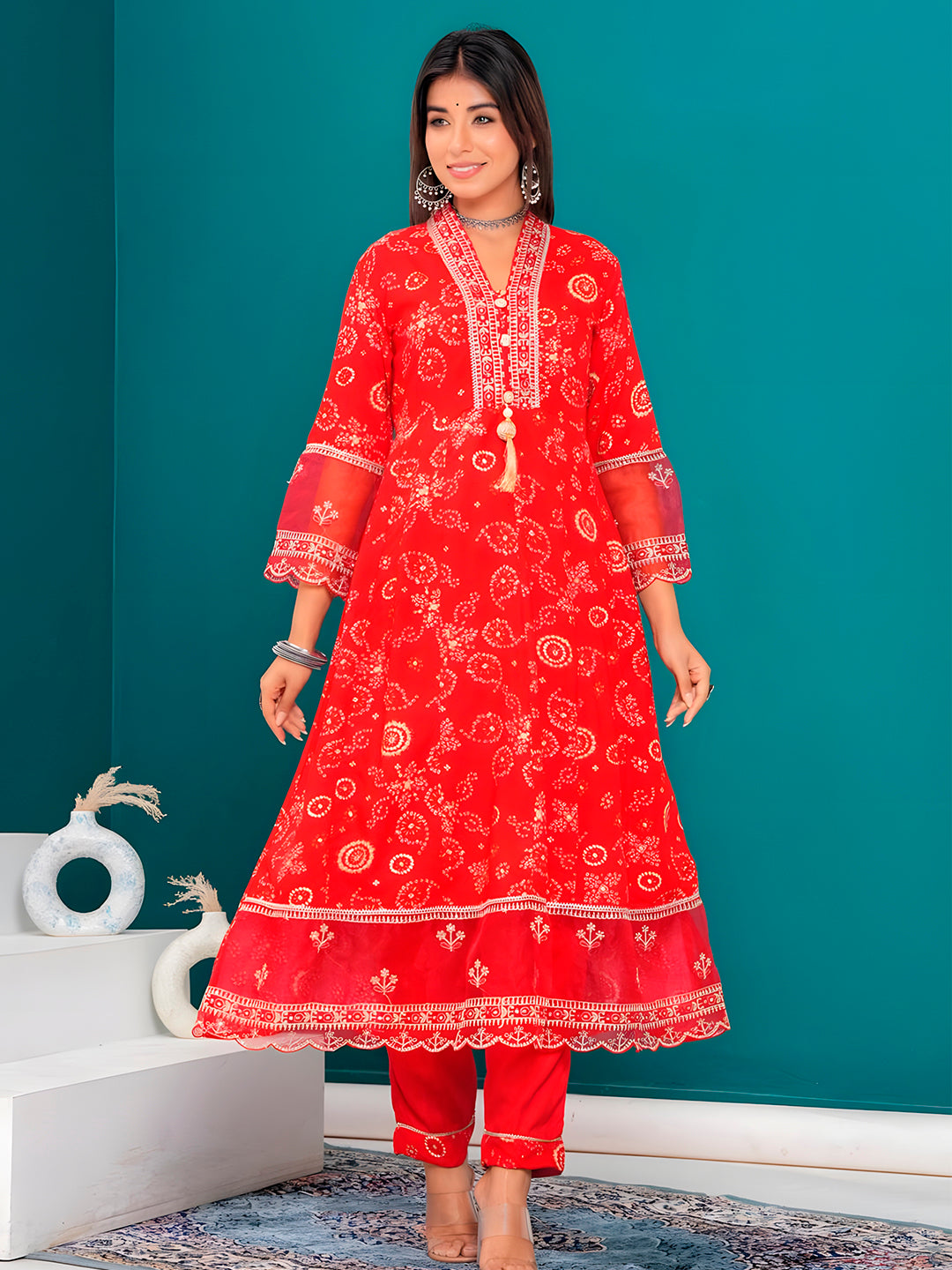 Embroidered & Bandhani Printed Kurta With Pant & Dupatta, Red - Hiral Fashion