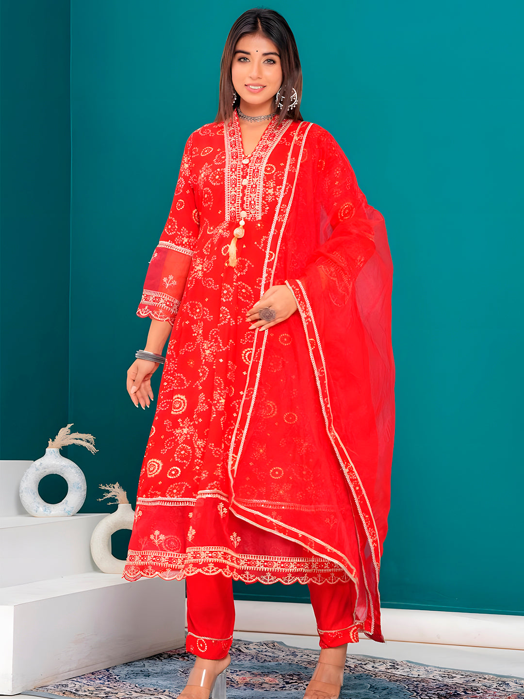 Embroidered & Bandhani Printed Kurta With Pant & Dupatta, Red - Hiral Fashion