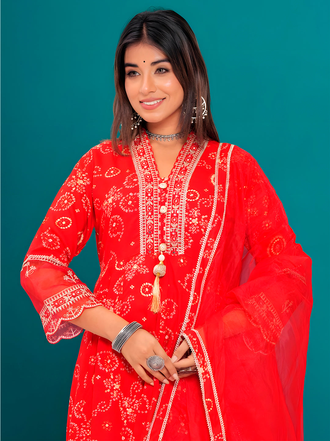 Embroidered & Bandhani Printed Kurta With Pant & Dupatta, Red - Hiral Fashion