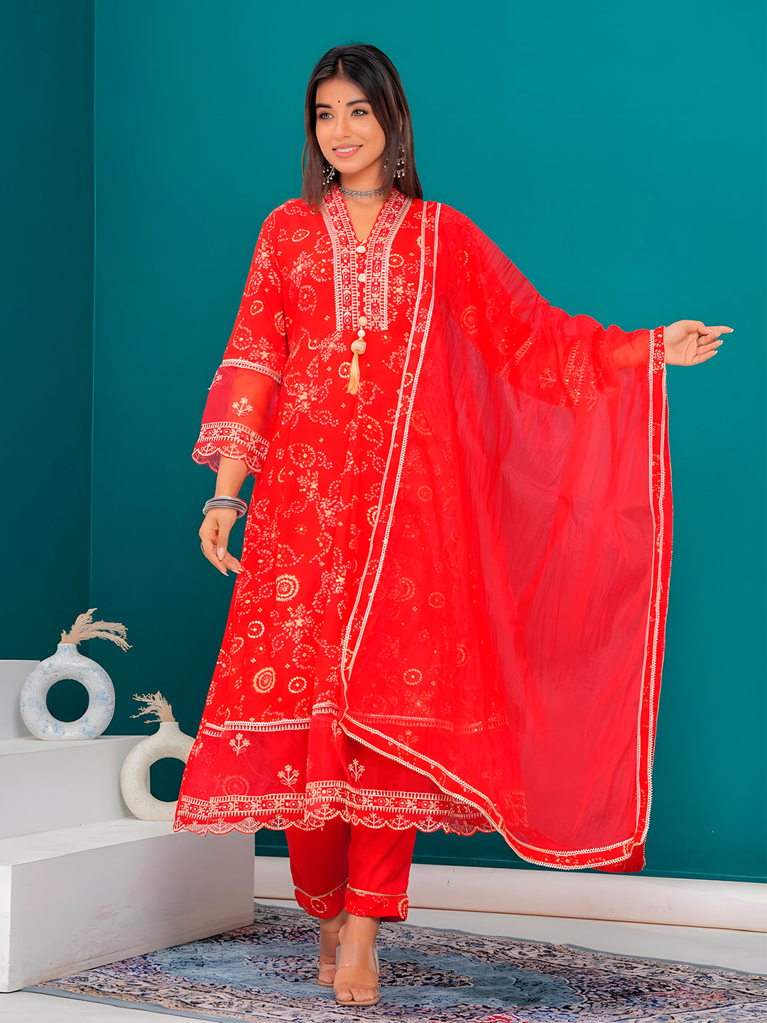 Embroidered & Bandhani Printed Kurta With Pant & Dupatta, Red - Hiral Fashion