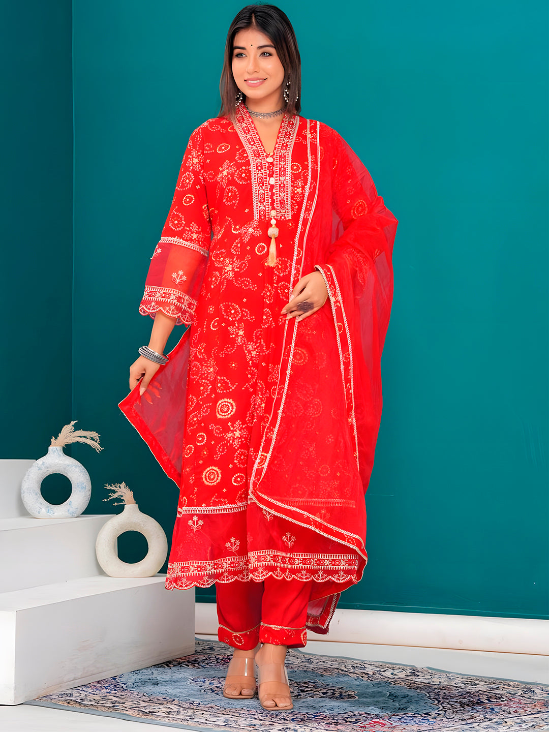 Embroidered & Bandhani Printed Kurta With Pant & Dupatta, Red - Hiral Fashion