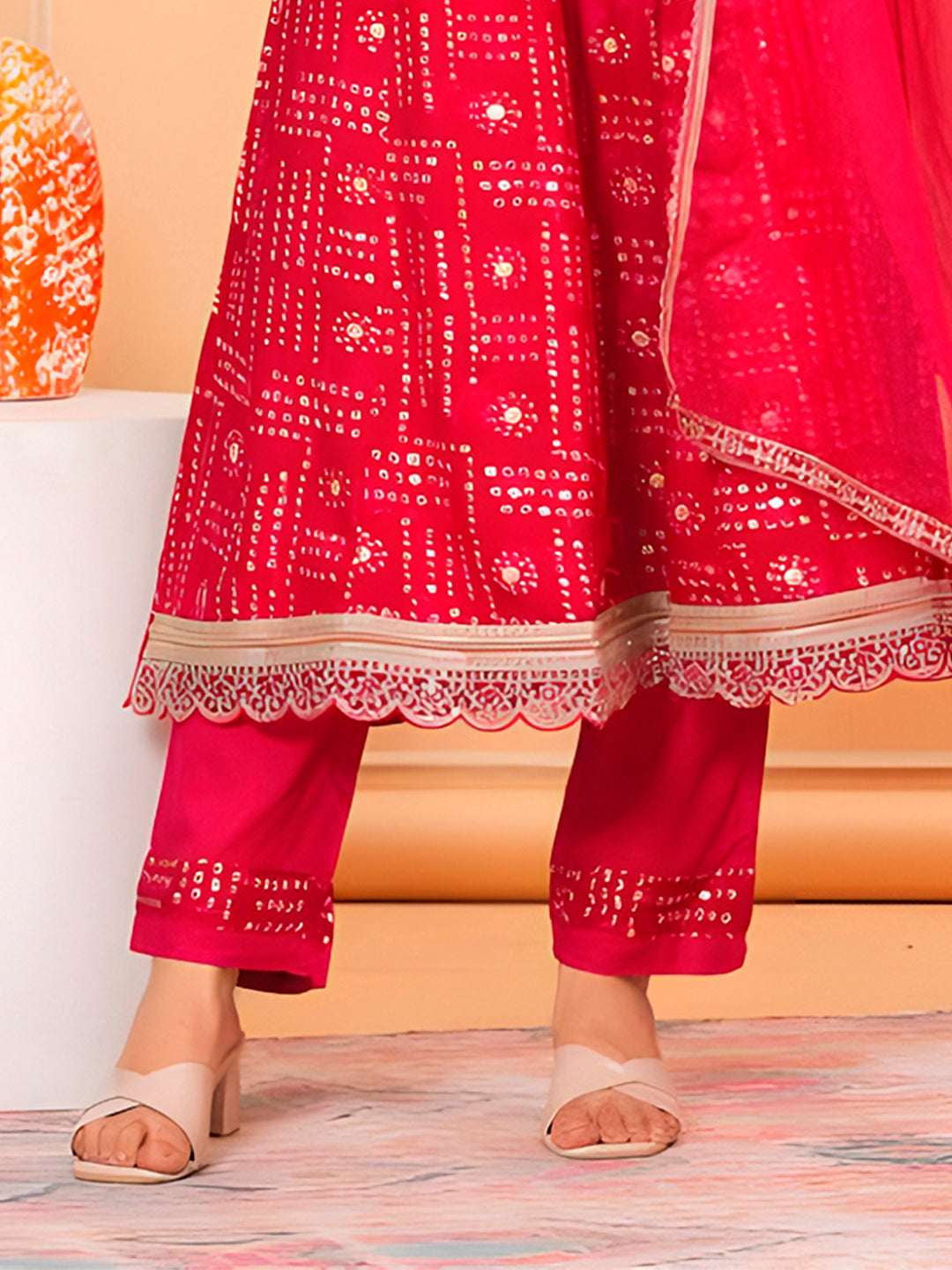 Embroidered & Bandhani Printed Kurta With Pant & Dupatta, Pink - Hiral Fashion