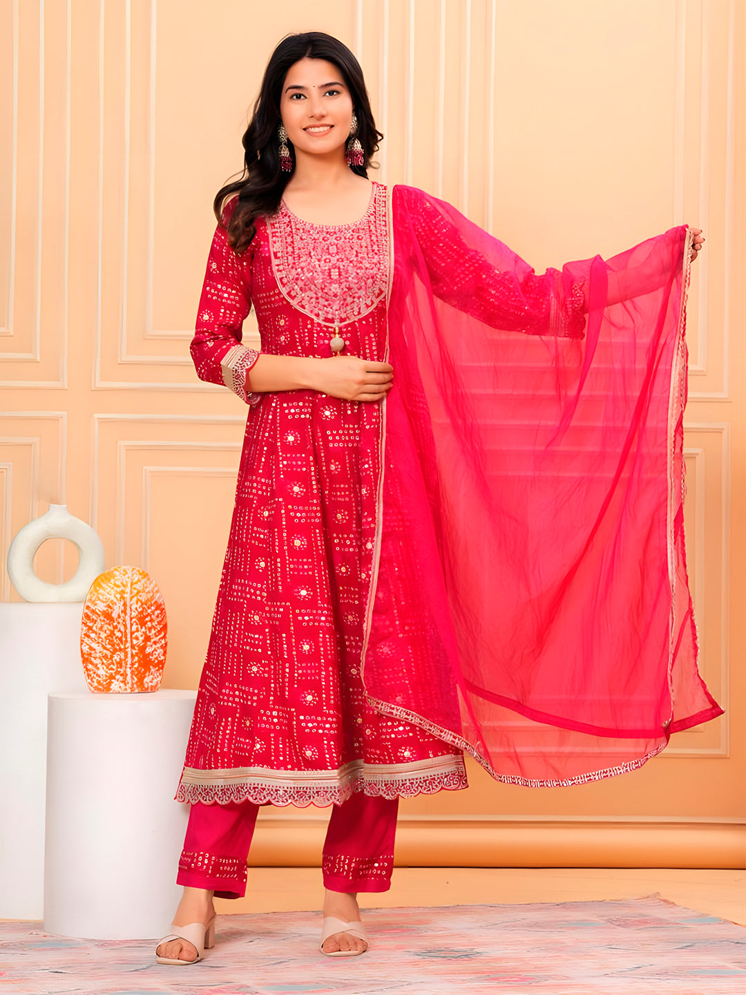 Embroidered & Bandhani Printed Kurta With Pant & Dupatta, Pink - Hiral Fashion
