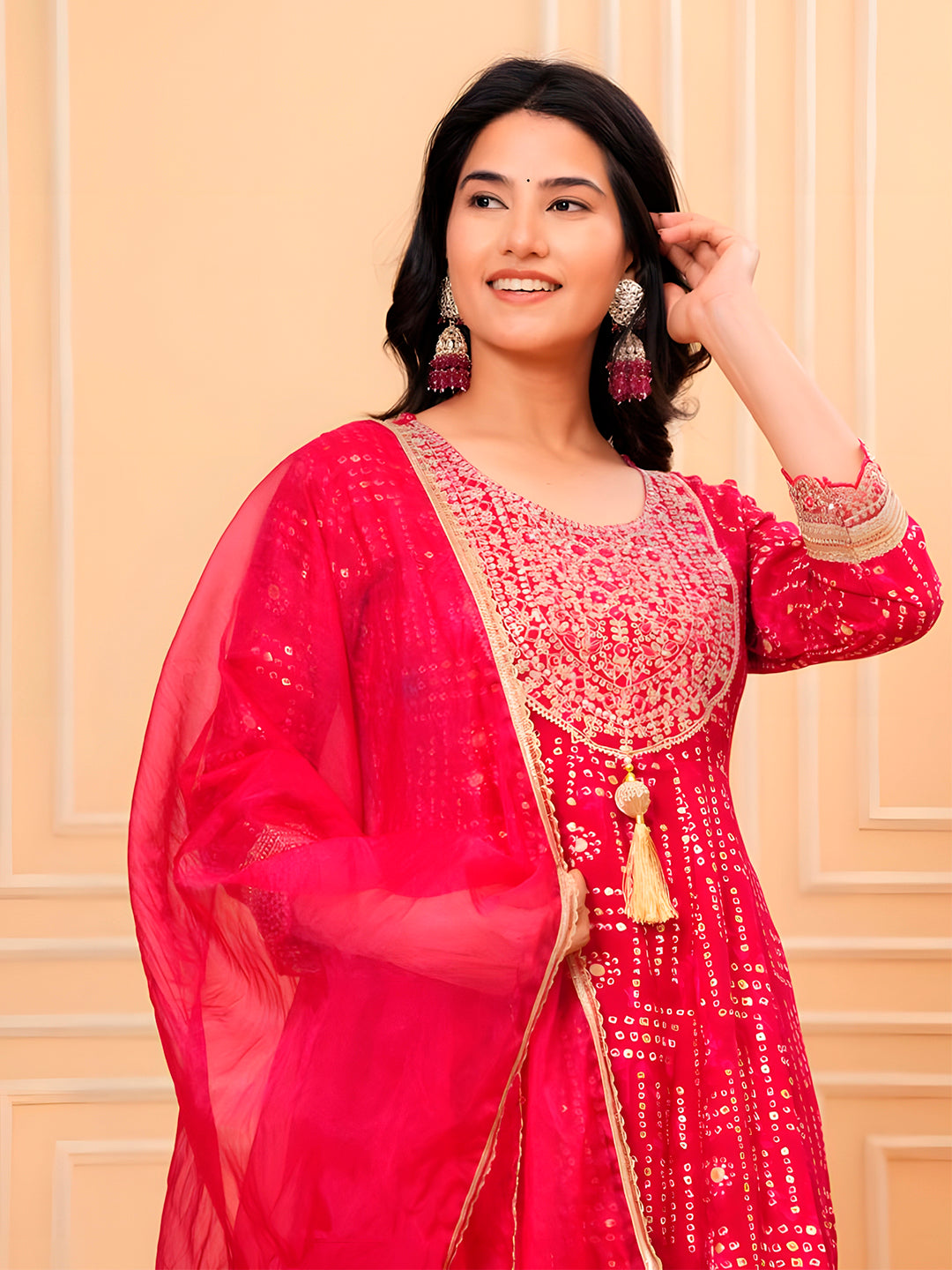 Embroidered & Bandhani Printed Kurta With Pant & Dupatta, Pink - Hiral Fashion