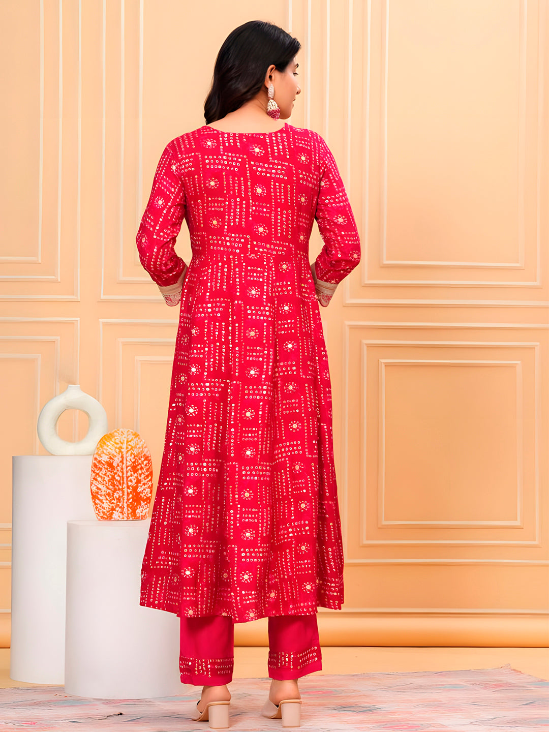 Embroidered & Bandhani Printed Kurta With Pant & Dupatta, Pink - Hiral Fashion